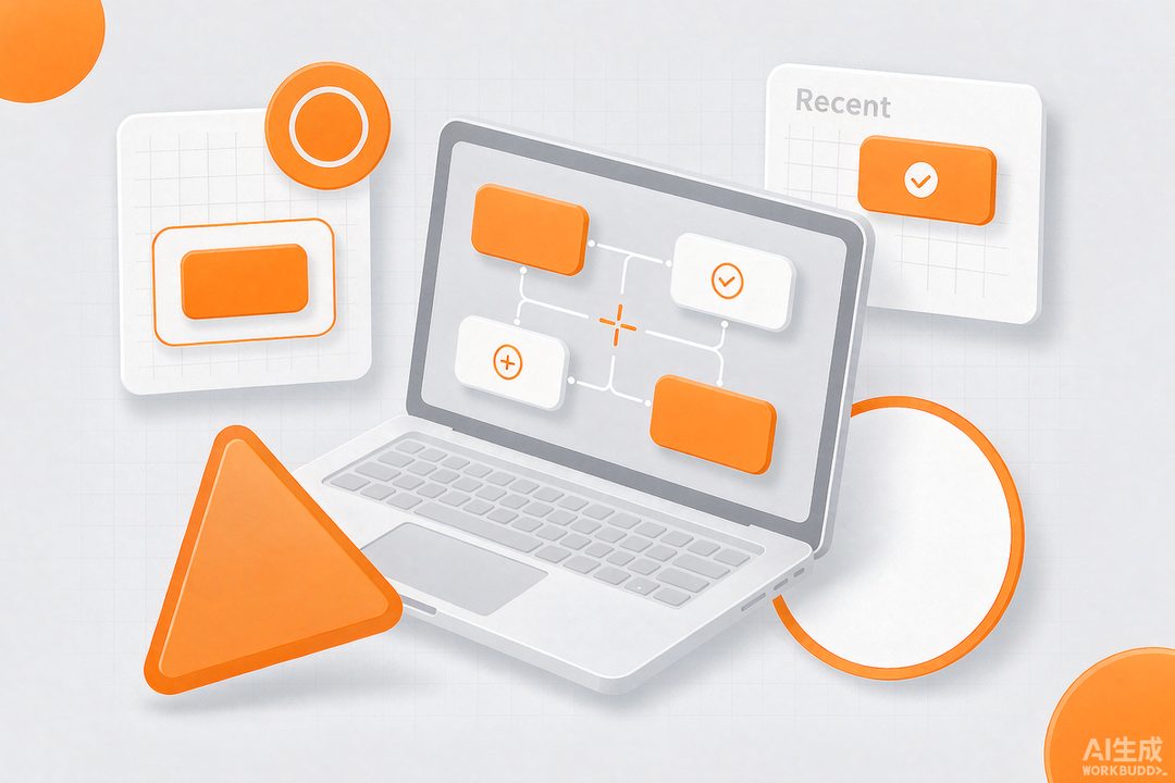 draw.io Desktop 图表绘制界面示意：在笔记本屏幕上编辑节点与连线组成的流程图